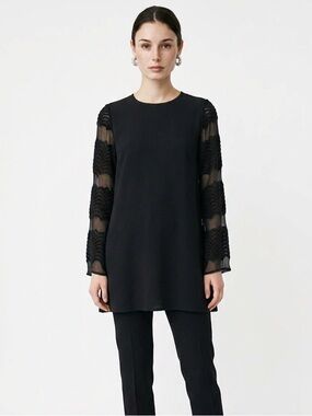 HALLELU | Black Tunic Length Top Long Sheer Sleeves Women’s Size Medium